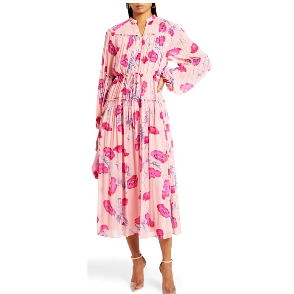 Diane Von Furstenberg DVF Pleated Ruffle Floral Maxi Dress Sz- L Poppy Soft Pink